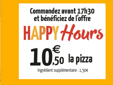 Commandez entre 14h et 17h
et bénéficiez de l’offre Happy hours 6,50€ la pizza. Offre valable du mardi au vendredi
Possibilité de venir chercher les pizzas jusqu’à 20h